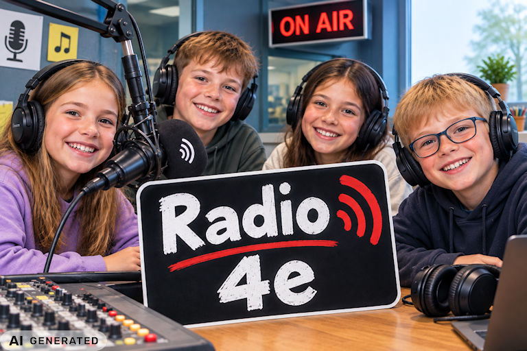 kI-generiertes Bild: Fröhliche Kinder im Radiostudio